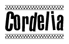 The image is a black and white clipart of the text Cordelia in a bold, italicized font. The text is bordered by a dotted line on the top and bottom, and there are checkered flags positioned at both ends of the text, usually associated with racing or finishing lines.