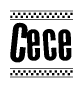 The image is a black and white clipart of the text Cece in a bold, italicized font. The text is bordered by a dotted line on the top and bottom, and there are checkered flags positioned at both ends of the text, usually associated with racing or finishing lines.