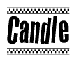 The image contains the text Candle in a bold, stylized font, with a checkered flag pattern bordering the top and bottom of the text.