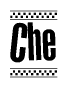 The clipart image displays the text Che in a bold, stylized font. It is enclosed in a rectangular border with a checkerboard pattern running below and above the text, similar to a finish line in racing. 