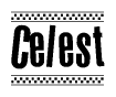 The clipart image displays the text Celest in a bold, stylized font. It is enclosed in a rectangular border with a checkerboard pattern running below and above the text, similar to a finish line in racing. 