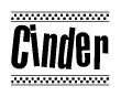 The image contains the text Cinder in a bold, stylized font, with a checkered flag pattern bordering the top and bottom of the text.