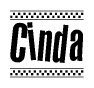 The image contains the text Cinda in a bold, stylized font, with a checkered flag pattern bordering the top and bottom of the text.