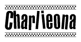 The clipart image displays the text Charlieona in a bold, stylized font. It is enclosed in a rectangular border with a checkerboard pattern running below and above the text, similar to a finish line in racing. 