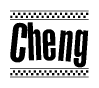 The image is a black and white clipart of the text Cheng in a bold, italicized font. The text is bordered by a dotted line on the top and bottom, and there are checkered flags positioned at both ends of the text, usually associated with racing or finishing lines.