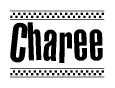 The image is a black and white clipart of the text Charee in a bold, italicized font. The text is bordered by a dotted line on the top and bottom, and there are checkered flags positioned at both ends of the text, usually associated with racing or finishing lines.