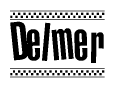 The image is a black and white clipart of the text Delmer in a bold, italicized font. The text is bordered by a dotted line on the top and bottom, and there are checkered flags positioned at both ends of the text, usually associated with racing or finishing lines.