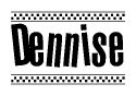 The image contains the text Dennise in a bold, stylized font, with a checkered flag pattern bordering the top and bottom of the text.