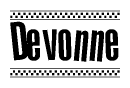 The image contains the text Devonne in a bold, stylized font, with a checkered flag pattern bordering the top and bottom of the text.