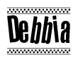 The clipart image displays the text Debbia in a bold, stylized font. It is enclosed in a rectangular border with a checkerboard pattern running below and above the text, similar to a finish line in racing. 