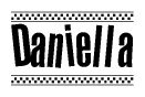 The image is a black and white clipart of the text Daniella in a bold, italicized font. The text is bordered by a dotted line on the top and bottom, and there are checkered flags positioned at both ends of the text, usually associated with racing or finishing lines.