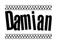 The clipart image displays the text Damian in a bold, stylized font. It is enclosed in a rectangular border with a checkerboard pattern running below and above the text, similar to a finish line in racing. 