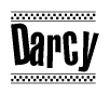 The image contains the text Darcy in a bold, stylized font, with a checkered flag pattern bordering the top and bottom of the text.