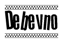 The image is a black and white clipart of the text Debevno in a bold, italicized font. The text is bordered by a dotted line on the top and bottom, and there are checkered flags positioned at both ends of the text, usually associated with racing or finishing lines.