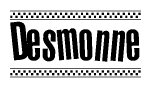 The image contains the text Desmonne in a bold, stylized font, with a checkered flag pattern bordering the top and bottom of the text.