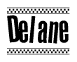 The image contains the text Delane in a bold, stylized font, with a checkered flag pattern bordering the top and bottom of the text.