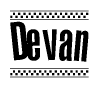 The clipart image displays the text Devan in a bold, stylized font. It is enclosed in a rectangular border with a checkerboard pattern running below and above the text, similar to a finish line in racing. 