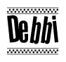 The image contains the text Debbi in a bold, stylized font, with a checkered flag pattern bordering the top and bottom of the text.