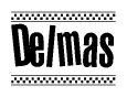 The image contains the text Delmas in a bold, stylized font, with a checkered flag pattern bordering the top and bottom of the text.