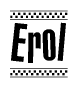 The image contains the text Erol in a bold, stylized font, with a checkered flag pattern bordering the top and bottom of the text.