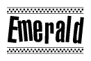 The image is a black and white clipart of the text Emerald in a bold, italicized font. The text is bordered by a dotted line on the top and bottom, and there are checkered flags positioned at both ends of the text, usually associated with racing or finishing lines.