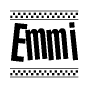 The image contains the text Emmi in a bold, stylized font, with a checkered flag pattern bordering the top and bottom of the text.