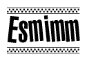 The image is a black and white clipart of the text Esmimm in a bold, italicized font. The text is bordered by a dotted line on the top and bottom, and there are checkered flags positioned at both ends of the text, usually associated with racing or finishing lines.