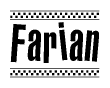 The image is a black and white clipart of the text Farian in a bold, italicized font. The text is bordered by a dotted line on the top and bottom, and there are checkered flags positioned at both ends of the text, usually associated with racing or finishing lines.