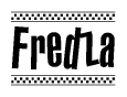 The image contains the text Fredza in a bold, stylized font, with a checkered flag pattern bordering the top and bottom of the text.
