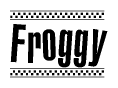 The image contains the text Froggy in a bold, stylized font, with a checkered flag pattern bordering the top and bottom of the text.