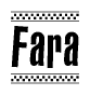 The image contains the text Fara in a bold, stylized font, with a checkered flag pattern bordering the top and bottom of the text.