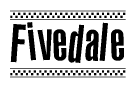 The image is a black and white clipart of the text Fivedale in a bold, italicized font. The text is bordered by a dotted line on the top and bottom, and there are checkered flags positioned at both ends of the text, usually associated with racing or finishing lines.