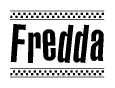 The image contains the text Fredda in a bold, stylized font, with a checkered flag pattern bordering the top and bottom of the text.