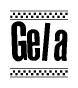 The image contains the text Gela in a bold, stylized font, with a checkered flag pattern bordering the top and bottom of the text.