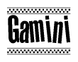 The clipart image displays the text Gamini in a bold, stylized font. It is enclosed in a rectangular border with a checkerboard pattern running below and above the text, similar to a finish line in racing. 