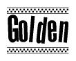 The image contains the text Golden in a bold, stylized font, with a checkered flag pattern bordering the top and bottom of the text.
