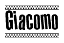 The image contains the text Giacomo in a bold, stylized font, with a checkered flag pattern bordering the top and bottom of the text.