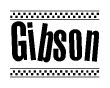 The image contains the text Gibson in a bold, stylized font, with a checkered flag pattern bordering the top and bottom of the text.