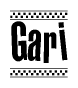The image contains the text Gari in a bold, stylized font, with a checkered flag pattern bordering the top and bottom of the text.