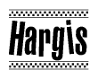 The clipart image displays the text Hargis in a bold, stylized font. It is enclosed in a rectangular border with a checkerboard pattern running below and above the text, similar to a finish line in racing. 