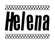 The image is a black and white clipart of the text Helena in a bold, italicized font. The text is bordered by a dotted line on the top and bottom, and there are checkered flags positioned at both ends of the text, usually associated with racing or finishing lines.