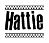 The image is a black and white clipart of the text Hattie in a bold, italicized font. The text is bordered by a dotted line on the top and bottom, and there are checkered flags positioned at both ends of the text, usually associated with racing or finishing lines.