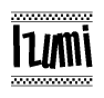 The image contains the text Izumi in a bold, stylized font, with a checkered flag pattern bordering the top and bottom of the text.