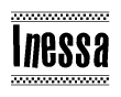 The image contains the text Inessa in a bold, stylized font, with a checkered flag pattern bordering the top and bottom of the text.
