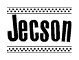 The image is a black and white clipart of the text Jecson in a bold, italicized font. The text is bordered by a dotted line on the top and bottom, and there are checkered flags positioned at both ends of the text, usually associated with racing or finishing lines.