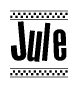 The image contains the text Jule in a bold, stylized font, with a checkered flag pattern bordering the top and bottom of the text.