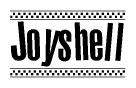 The image contains the text Joyshell in a bold, stylized font, with a checkered flag pattern bordering the top and bottom of the text.