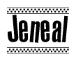 The image is a black and white clipart of the text Jeneal in a bold, italicized font. The text is bordered by a dotted line on the top and bottom, and there are checkered flags positioned at both ends of the text, usually associated with racing or finishing lines.