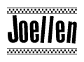 The clipart image displays the text Joellen in a bold, stylized font. It is enclosed in a rectangular border with a checkerboard pattern running below and above the text, similar to a finish line in racing. 