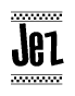 The clipart image displays the text Jez in a bold, stylized font. It is enclosed in a rectangular border with a checkerboard pattern running below and above the text, similar to a finish line in racing. 